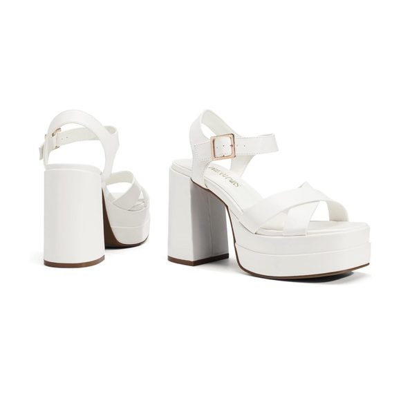 🤍 White Chunky Platform Y2K Heels Square Open Toe Ankle Strap - Picture 4 of 11